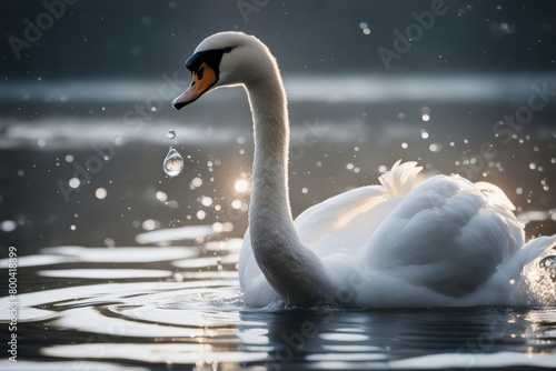swan water drops around silvery rising splashing cygnet finland whooper white love lovely animal wing bird innocence horizontal happiness feather plumage ornithology fairy tale hope wilderness beauty'