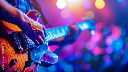 Guitar player in action on a stage with colorful stage lights, capturing a vibrant music performance