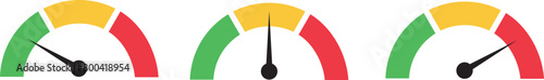 Risk meter icon set. Scale Low, Medium or High risk on speedometer, Set of gauges from low to high. Vector illustration.