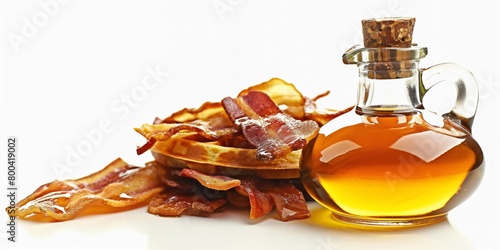 Delicious breakfast setup of waffles and crispy bacon drizzled with rich maple syrup