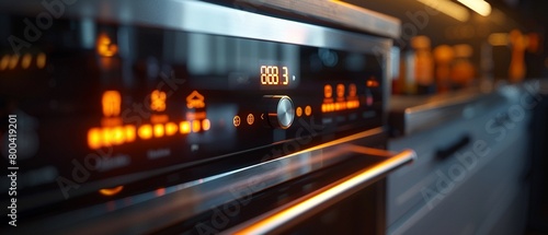 A dramatic closeup of a sleek, touchscreen oven control panel, its digital display glowing in the dim light of an early morning kitchen, symbolizing the convergence of culinary tradition and cuttinged