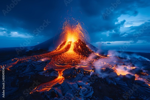 A fiery volcano on the brink of eruption, with lava flows lighting up the night