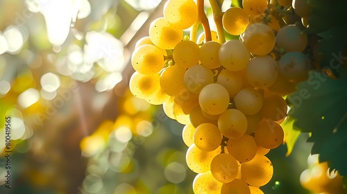 Sun-kissed Ripe Grapes Hanging on Vine, Golden Hour Glow. Fresh Fruit Harvest Concept, Natural Background, Soft Focus Photography. AI