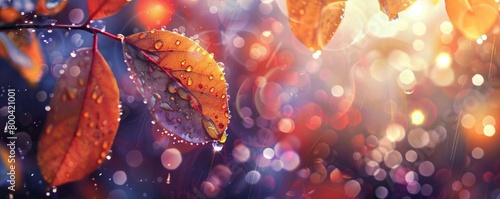 An autumn background with beautiful colorful leaves and bokeh lights from the sun, water drops on them.