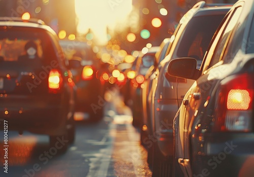 close up of cars in traffic jam, bokeh, blurry background