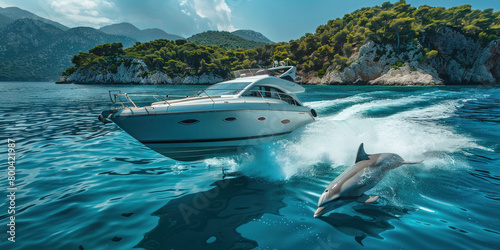 Dolphin leaping near motor boat with mountains in background in the ocean