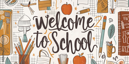 Charming 'Welcome to School' banner with school supplies, featuring a vintage style and heartwarming elements.