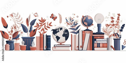 Artistic arrangement of educational elements featuring globes, books, and botanical motifs in a seamless design.