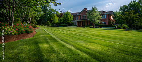 A freshly mowed lawn in a residential yard, perfect for enjoying the outdoors and relaxing in the summer.