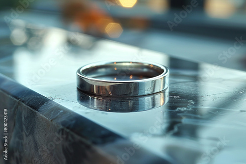 A minimalist platinum ring gleaming on a minimalist glass surface, exuding modern elegance.