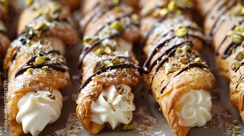 Decadent chocolate-drizzled cannoli sprinkled with pistachios