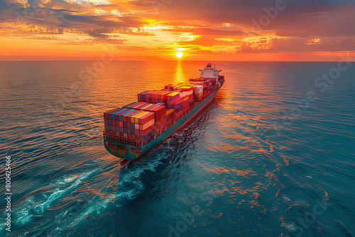 A serene image of a solitary cargo ship on a calm sea with the sun setting, invoking a sense of peace and solitude