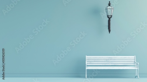 Vintage park bench and street light depicted in plain monochrome pastel blue. Light background with ample copy space, rendered in 3D for web pages, presentations, or picture frame backgrounds.