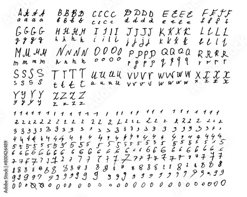 Alphabet and numbers are handwritten in black pen scrawl on white background. Doodle style English letters are uppercase and small in different styles. Numbers drawn black capillary pen.
