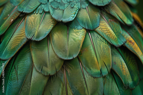 A depiction of a bird's feather, where each barb is a different shade of green, symbolizing biodiversity and the fragility of ecosystems.