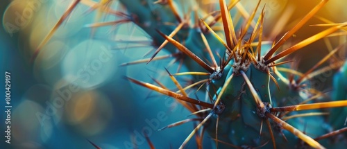 Close up of sharp thorns on cactus plant with blurred background.