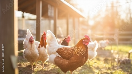 Closeup of vibrant chickens enjoying sunlight in a spacious outdoor pen, natural setting