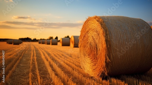 Golden hour, straw bales lined up, rural field, high saturation, side view