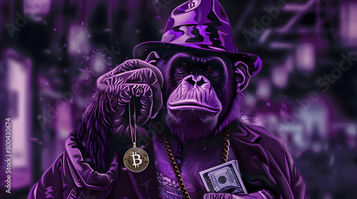 cyberpunk gorilla illustration successful crypto trading gold necklace Bitcoin symbol background copy space