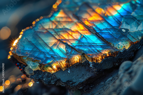 A close-up of labradorite, showcasing its schiller effect with peacock blue and green flashes,