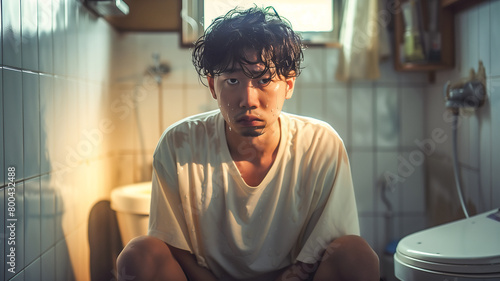  Asian man clutching his stomach have stomachache sitting in toilet , diarrhea problem concept