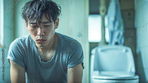  Asian man clutching his stomach have stomachache sitting in toilet , diarrhea problem concept