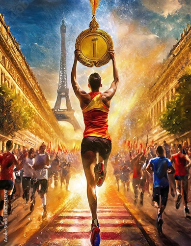 running at olympic games, paris in backgound, olympic medal 