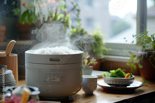 A compact rice cooker with a steam vent, preventing excess moisture buildup.