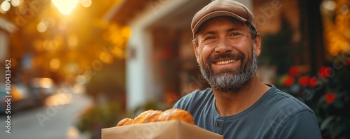 Smiling man holding bread in a warm setting