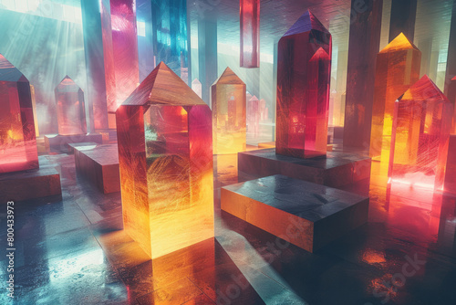 A sea of floating geometric shapes, each casting a neon glow that reflects off invisible surfaces,