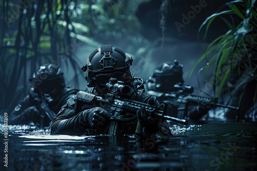 special forces team in black wetsuits and full face masks with tactical night vision