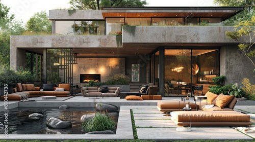 Garden party in a modern setting with refreshing furniture, indirect lighting, and hints of minimalist icy design. 