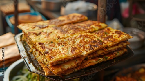 Stack of golden-brown savory pancakes on a metal stand