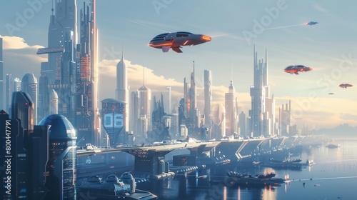 A futuristic cityscape with sleek skyscrapers and flying cars zooming by.