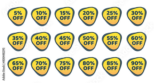 Percentage discount offer sale tags set in yellow triangle design. Discount sale off tag, 50, 20, 10, 40, 30, 60, 70, 45, 90, 5, 15 percent. Flat offer stamp, sticker clearance. Vector sale sticker.