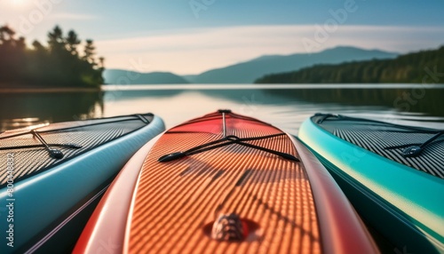 Shoreline Splendor: Vibrant Paddleboards Along the Water's Edge