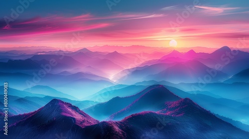 A beautiful landscape of a mountain range at sunset. The sky is a gradient of purple, pink, and blue, and the mountains are a deep blue. The sun is setting behind the mountains, and there is a mist in