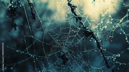 A spider's web glistens with morning dew, reflecting the light of the rising sun.