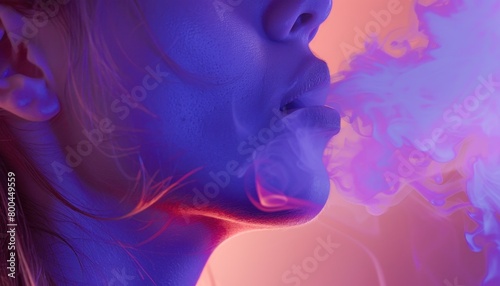 A woman exhales a cloud of purple smoke resembling a jellyfish