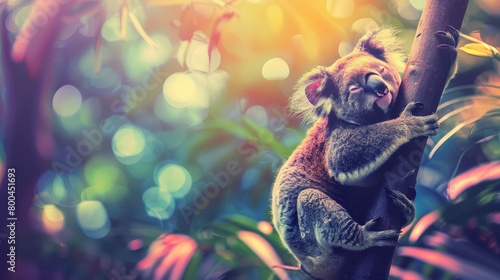  A koala dozing on a tree branch, eyes closed, head reclining