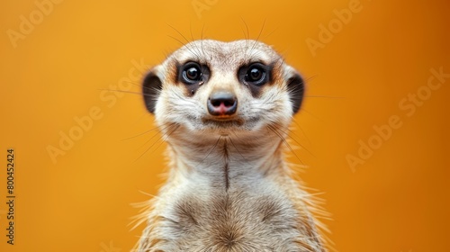  A tight shot of a meerkat's expressive face gazing at the camera against a sunny yellow backdrop