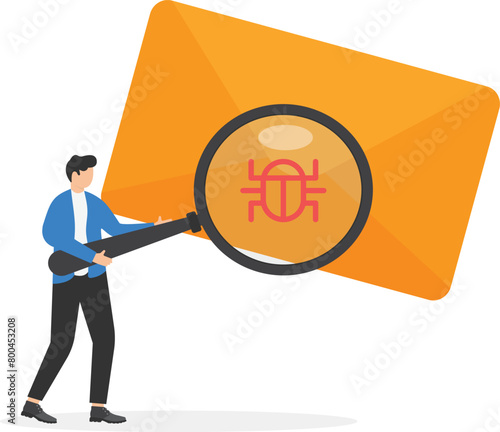 Man looking at letter in envelope through magnifying glass and seeing virus, malware. Concept of spam message, suspicious email, online safety or security, flat vector illustration