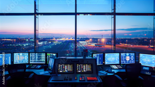 Night scene at an airport control tower with controllers coordinating busy international flights, showcasing global communication
