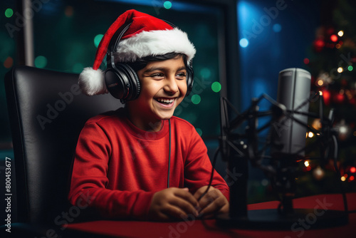 little boy in Santa clause costume in recording studio with headphone