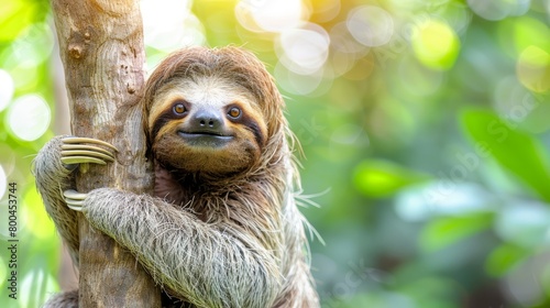  A tight shot of a sloth clutching a tree branch with extended arms Its bright, open eyes gaze directly at the camera