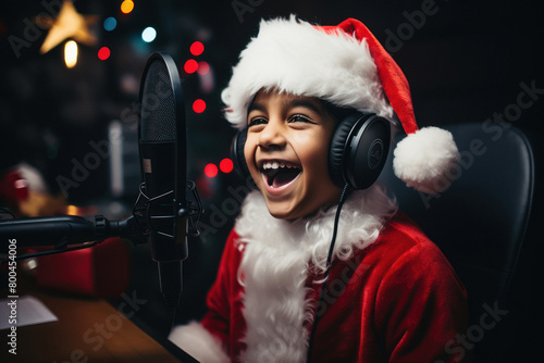 little boy in Santa clause costume in recording studio with headphone