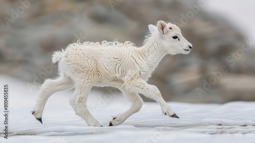  A tight shot of a baby goat trotting on a snowy terrain, surrounded by towering mountains in the background