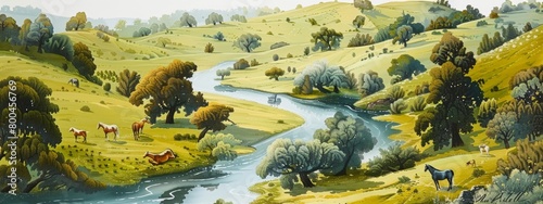 A tranquil rural landscape with a winding river and grazing horses.