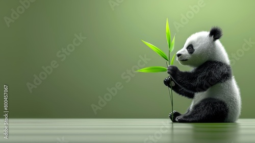  A panda bear sits on the ground, clutching a bamboo plant Behind it, two green walls form a backdrop