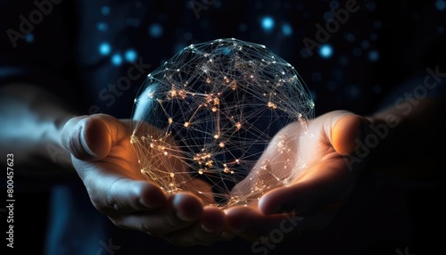 A glowing sphere of connected dots representing the internet or technology in the palm of a person's hand.